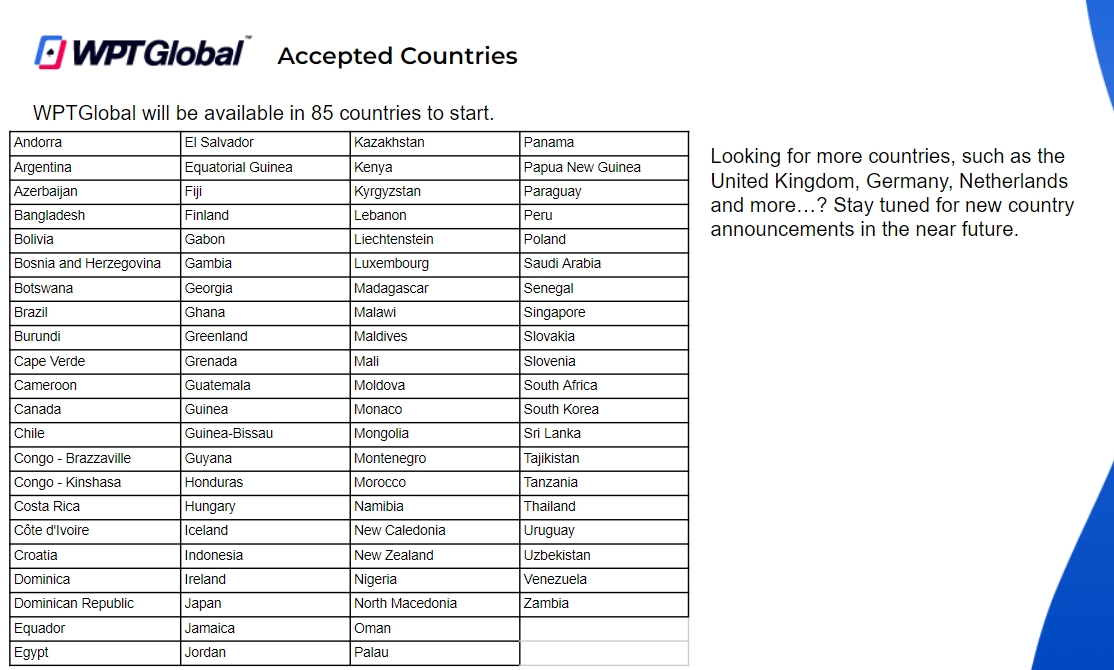 WPT Global Accepted Countries